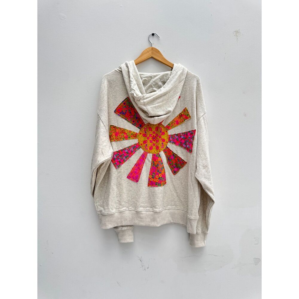 Natural Life Vintage Treasure Pink Sun Patchwork Zip Up Hoodie L XL Applique